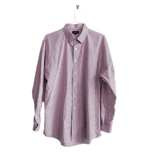 Lands' End Mens Casual Button Down Shirt Long Sleeve Pinstripes Burgundy Sz 17.5 - Picture 1 of 8